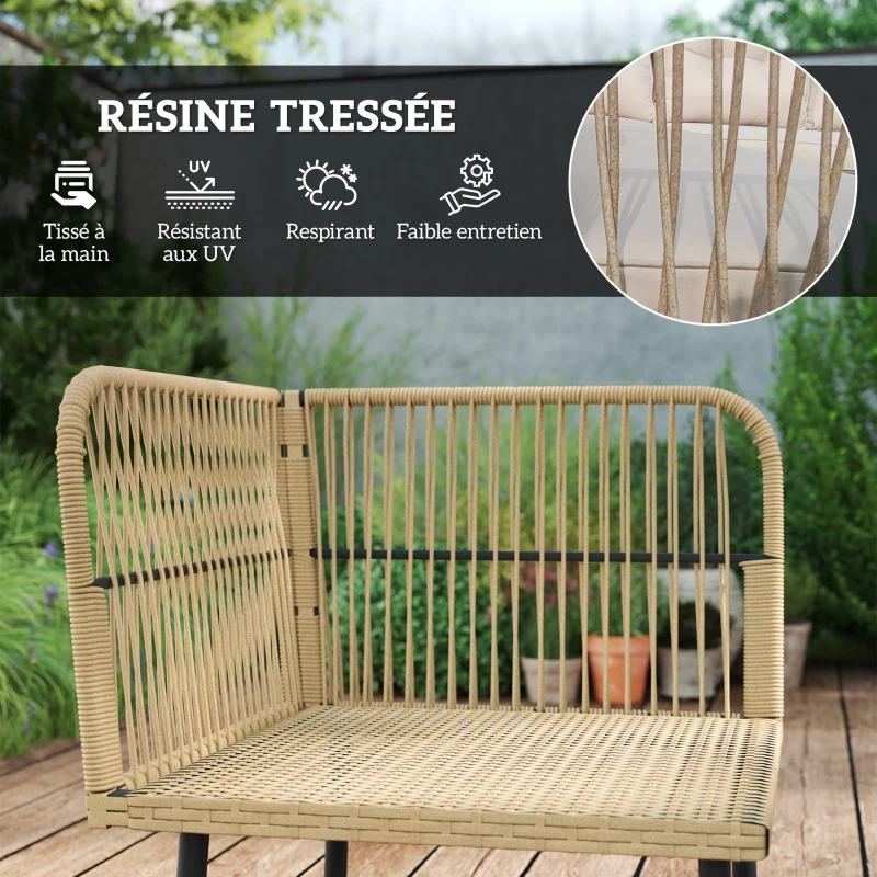 Outsunny Salon de jardin extérieur en résine tressée 5 places, table en verre trempé et coussins inclus, bois naturel