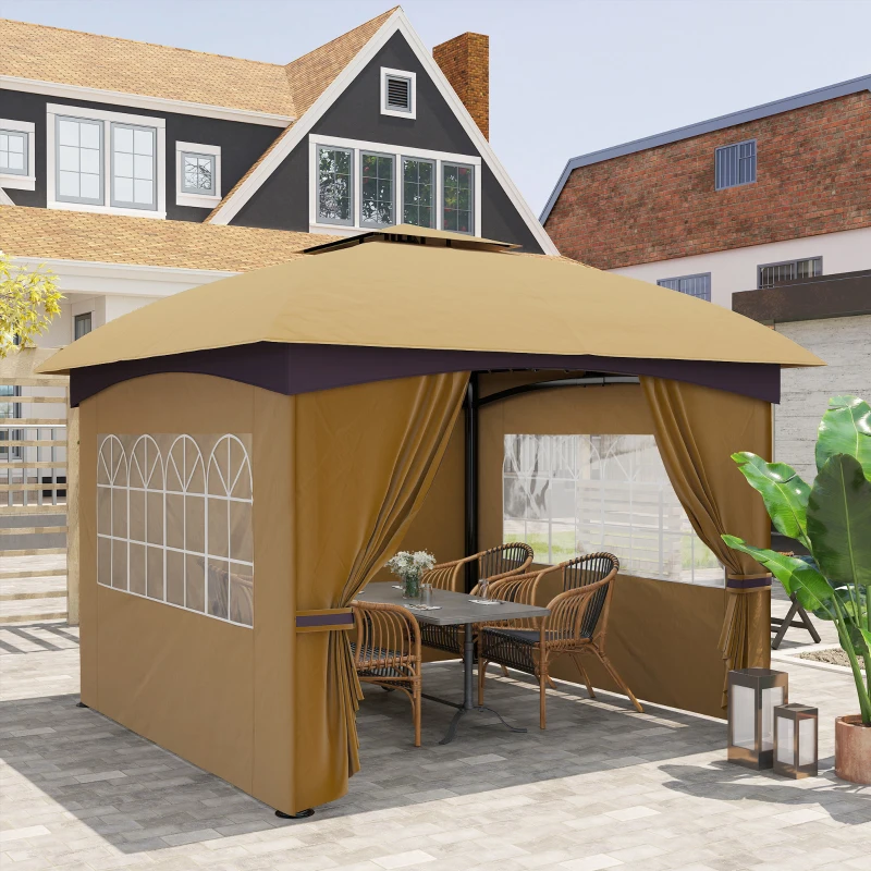 Outsunny Pérgola de Jardim 3,35x3,35 m com Teto Duplo Paredes Laterais Anti-UV e Janelas Tenda para Eventos Bege