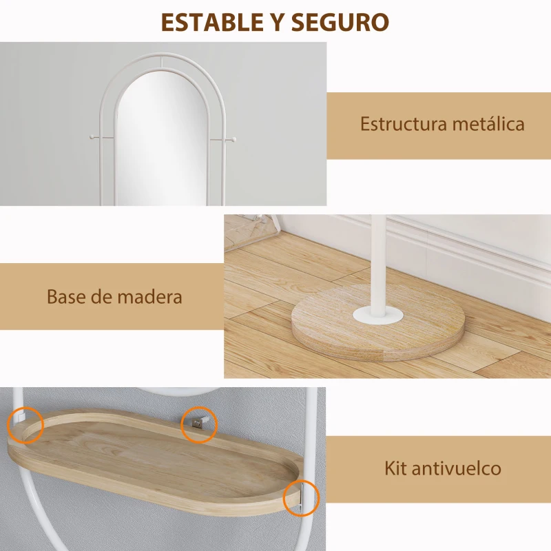HOMCOM Espejo de Cuerpo Entero 175,5x50 cm con Bandeja de Madera 4 Ganchos y Marco de Metal para Salón Dormitorio Blanco