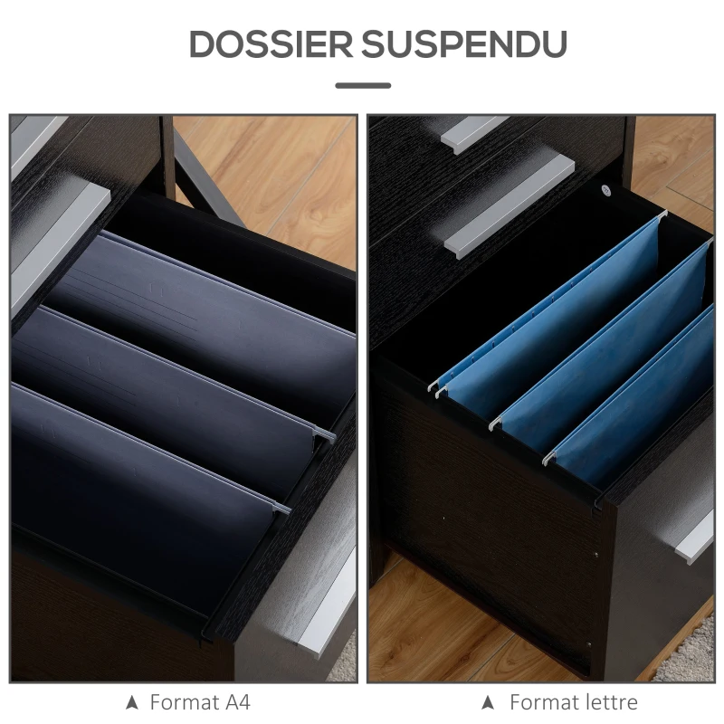 HOMCOM Caisson de bureau rangement bureau sur roulettes 3 tiroirs 1 verrouillable 1 trieur dossiers en bois noir