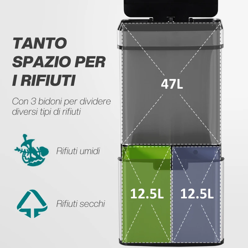 HOMCOM Pattumiera 72L a 3 Scomparti con Sensore Infrarossi e Apertura Automatica, in Acciaio e ABS, 42x30x81 cm
