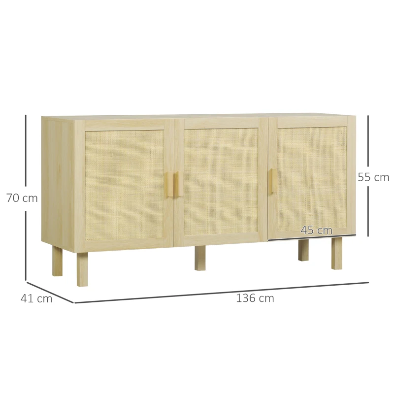HOMCOM Aparador 3 Puertas de Rejilla de Ratán con Estantes Ajustables para Comedor Entrada Dormitorio Natural 136x41x70 cm