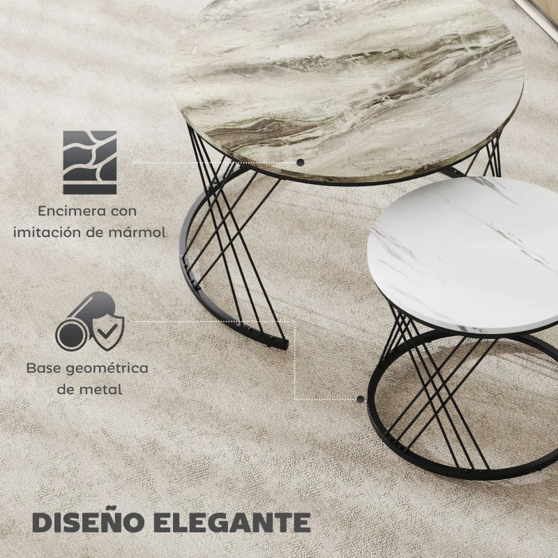HOMCOM Juego de 2 Mesas Nido Mesas de Centro para Salón Redondas con Tablero con Diseño de Mármol Gris y Blanco
