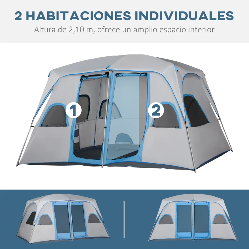 Outsunny Tienda de Campaña para 4-8 Personas con 2 Dormitorios 2 Bolsillos y Ventanas con Malla Impermeable 400x275x210 cm Gris
