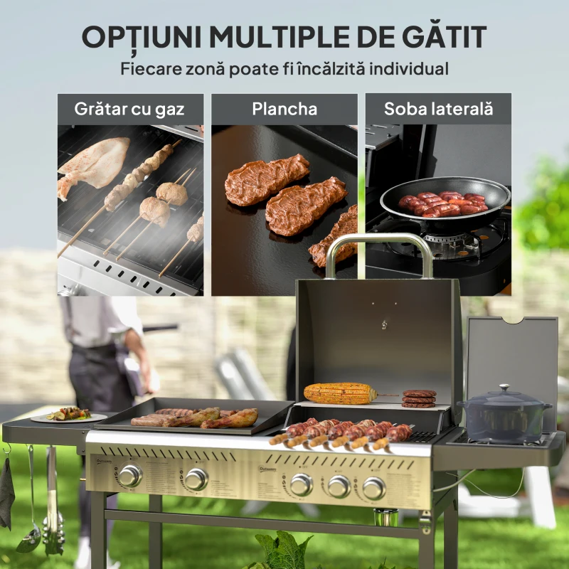 Outsunny Grătar pe Gaz cu Plită și Arzător, Capac cu Termometru Negru