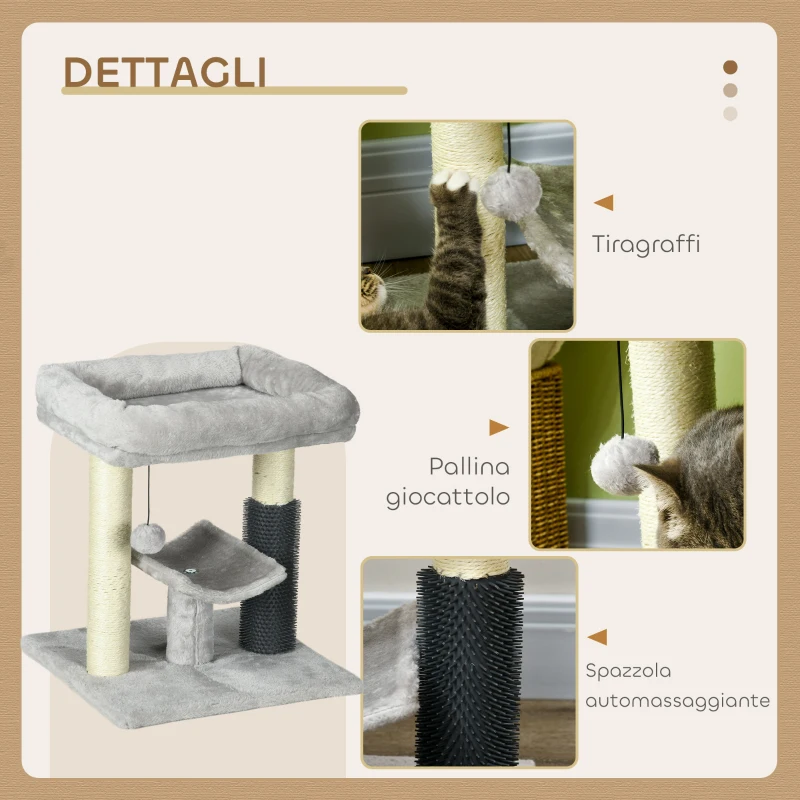 PawHut Albero Tiragraffi con Lettino, Piattaforma, Spazzola e Palo in Sisal, 40x40x48 cm, Grigio