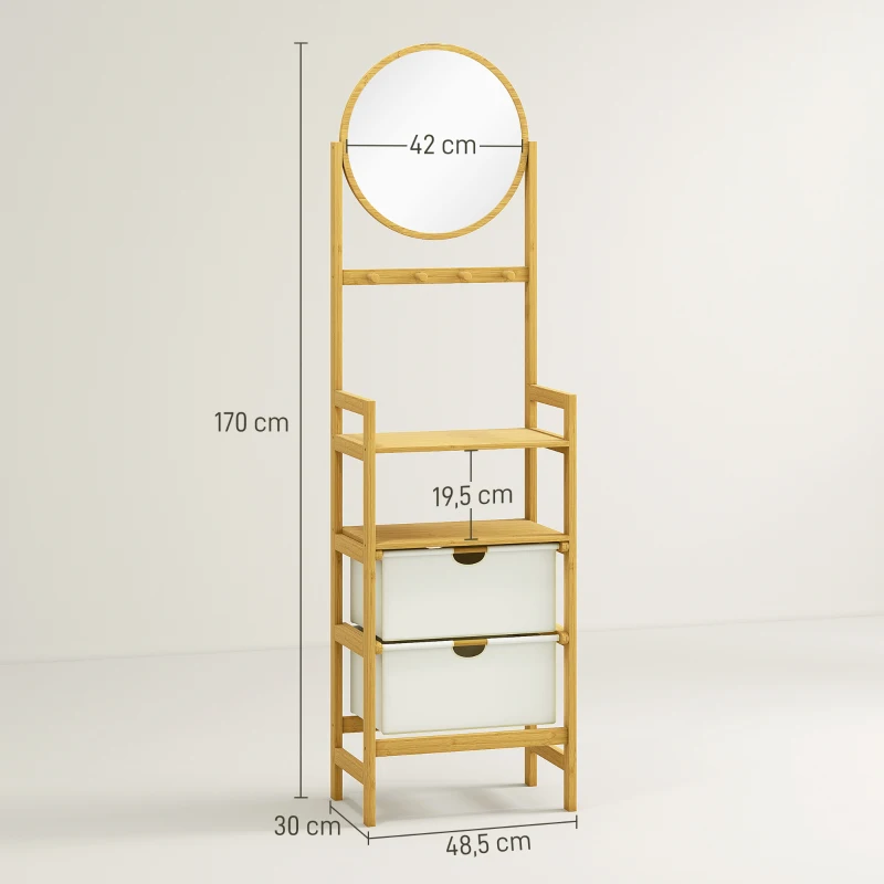 HOMCOM Étagère de Salle de Bambou avec Miroir avec 4 Crochets 2 Étagères Ouvertes et 2 Tiroirs en Tissu 48,5x30x170 cm Naturel