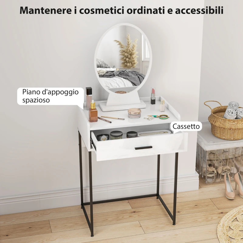 HOMCOM Set Tavolino Toeletta con Specchio da Trucco, Cassetto e Sgabello Imbottito, Bianco