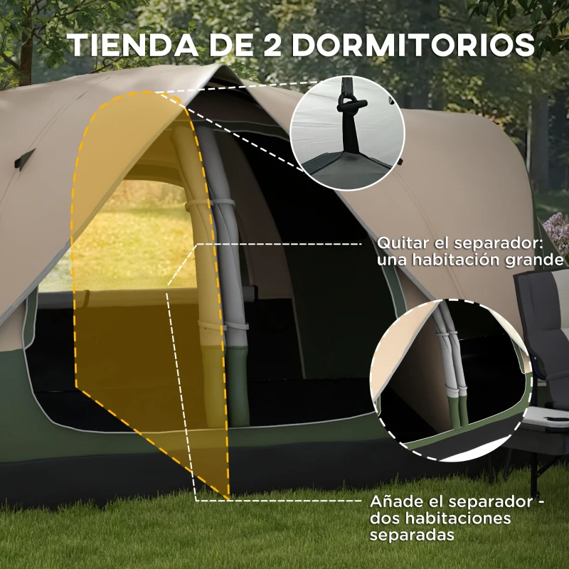 Outsunny Tienda de Campaña Plegable con 2 Habitaciones y Bolsa de Transporte Impermeable  450x215x180 cm Verde Oliva y Marrón