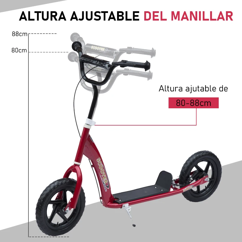 HOMCOM Patinete para Niños de 5-12 Años Scooter de 2 Ruedas Grandes de 12 Pulgadas con Freno y Manillar Ajustable en Altura Carga Máx. 50 kg 120x52x80-88 cm Rojo