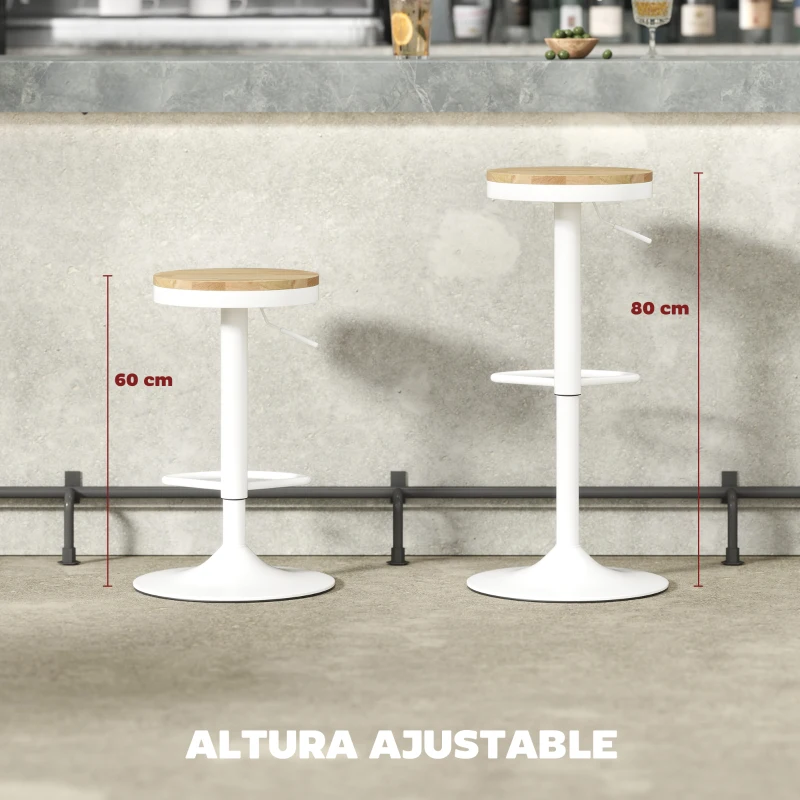 HOMCOM Juego de 2 Taburetes Altos de Cocina con Altura Ajustable Asiento de Madera Marco de Acero y Reposapiés Natural y Blanco
