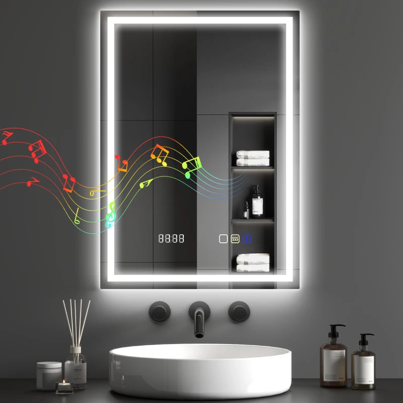 HOMCOM 50 x 70 cm Anti-Fog LED Bathroom Mirror, with Bluetooth and Clock - Silver Tone