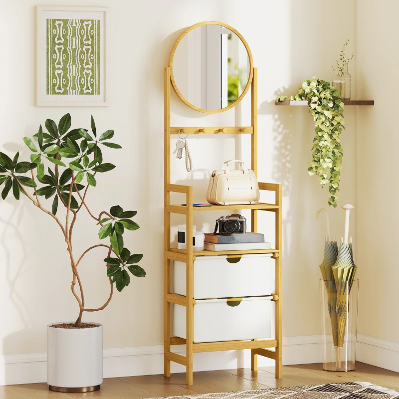 HOMCOM Étagère de Salle de Bambou avec Miroir avec 4 Crochets 2 Étagères Ouvertes et 2 Tiroirs en Tissu 48,5x30x170 cm Naturel