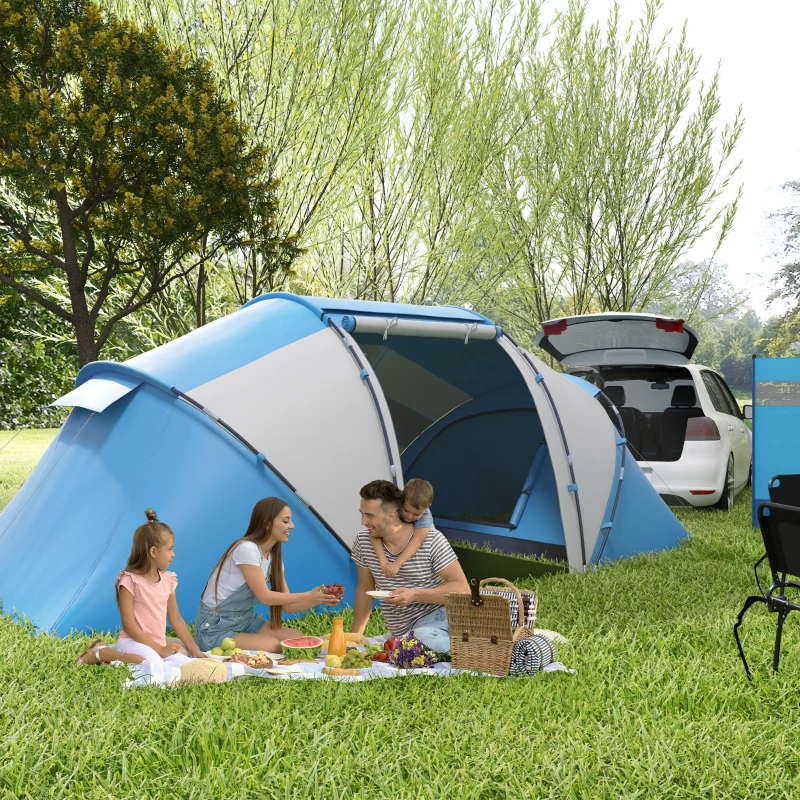 Outsunny kampeertent 4 Personen Familie Met Slaapcabines Ruime Voor Groepen Tunneltent, Blauw