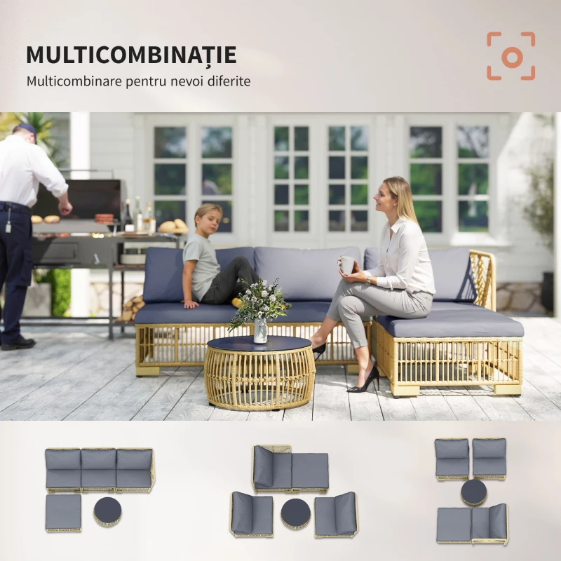 Outsunny Set de Mobilier din Rachita de 5 Bucati, Gri(m-6)