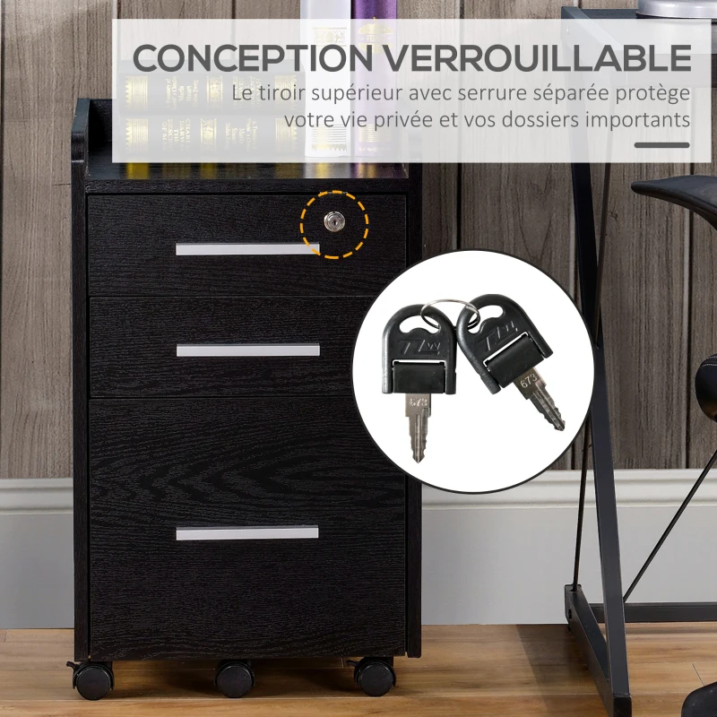 HOMCOM Caisson de bureau rangement bureau sur roulettes 3 tiroirs 1 verrouillable 1 trieur dossiers en bois noir