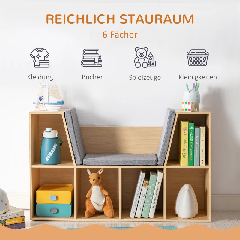 HOMCOM 2-in-1 Kinderrek + Speelbank incl. Kussens 103 cm × 30 cm × 62 cm Grijs + Naturel(m-4)