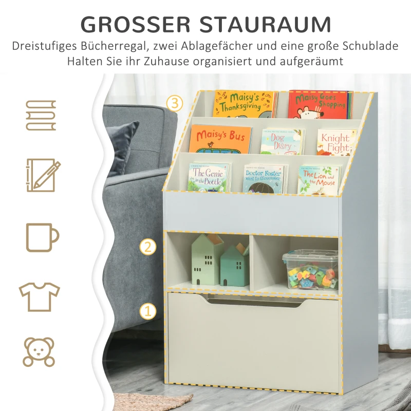 HOMCOM Kinderboekenrek met Lade en Vakken, 60 x 29,9 x 90 cm, Grijs(m-4)