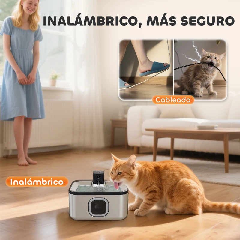 PawHut Fuente para Gatos de Acero Inoxidable 5L Bebedero Gatos Automático con Luz LED Bomba Súper Silenciosa y Filtro Plata