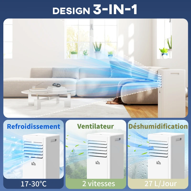 HOMCOM Climatiseur mobile 9000 BTU/H 4 en 1 refroidissement, ventilateur, déshumidificateur minuterie 24H télécommande, blanc
