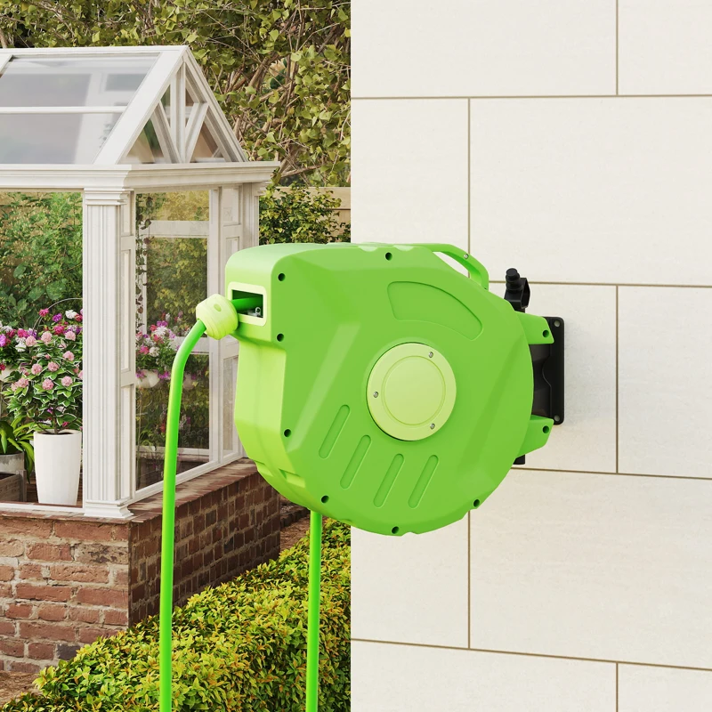 Outsunny Avvolgitubo da Giardino Retrattile con Tubo dell'Acqua 15 m, Rullo Avvolgitubo da Parete Girevole a 180°, Avvolgitubo Automatico Tubo da Giardino per Irrigazione in plastica, Verde