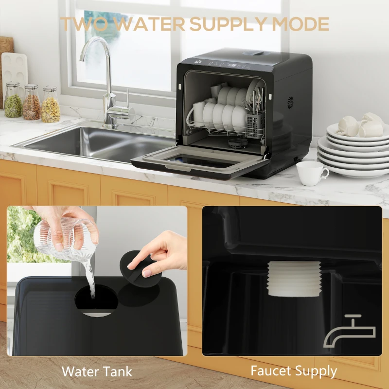 HOMCOM Table Top Dishwasher, Mini Countertop Dishwasher with Built-in 6L Water Tank, 6 Programs, Touch Control, LED Display, 4 Place Settings, Dual Water Supply and Air Drying Function, White(m-6)