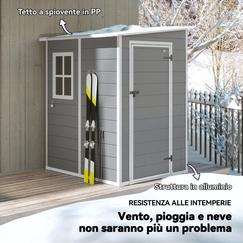 Outsunny Casetta da Giardino con Finestra e Doppia Porta, in PP e Alluminio, 122x149x192 cm, Grigio