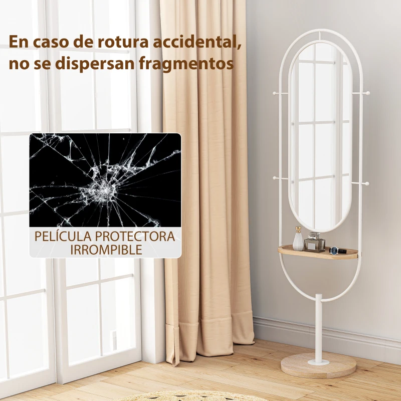 HOMCOM Espejo de Cuerpo Entero 175,5x50 cm con Bandeja de Madera 4 Ganchos y Marco de Metal para Salón Dormitorio Blanco