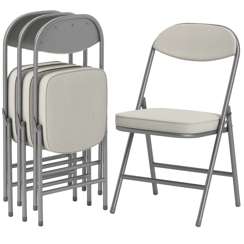 HOMCOM 4-delige Set Gestoffeerde Opklapbare Stoelen, Opvouwbare Stoelen met Corduroy Bekleding, Rugleuning, Metalen Frame, Crèmewit(m-10)