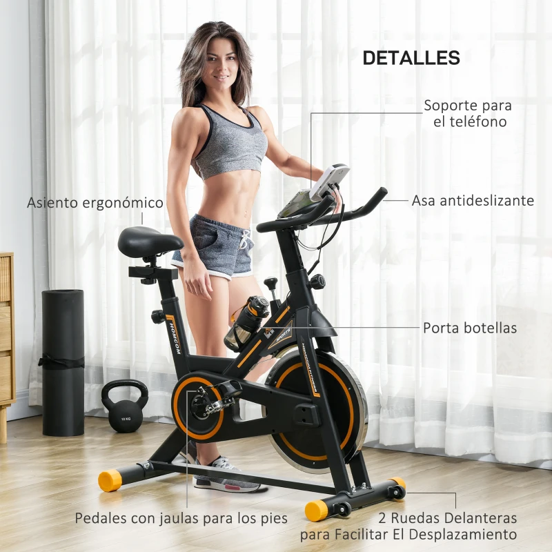 HOMCOM Bicicleta Estática con Volante de 8 kg Pantalla LCD Pulsómetro Sillín y Manillar Ajustables 103x48x115 cm Naranja