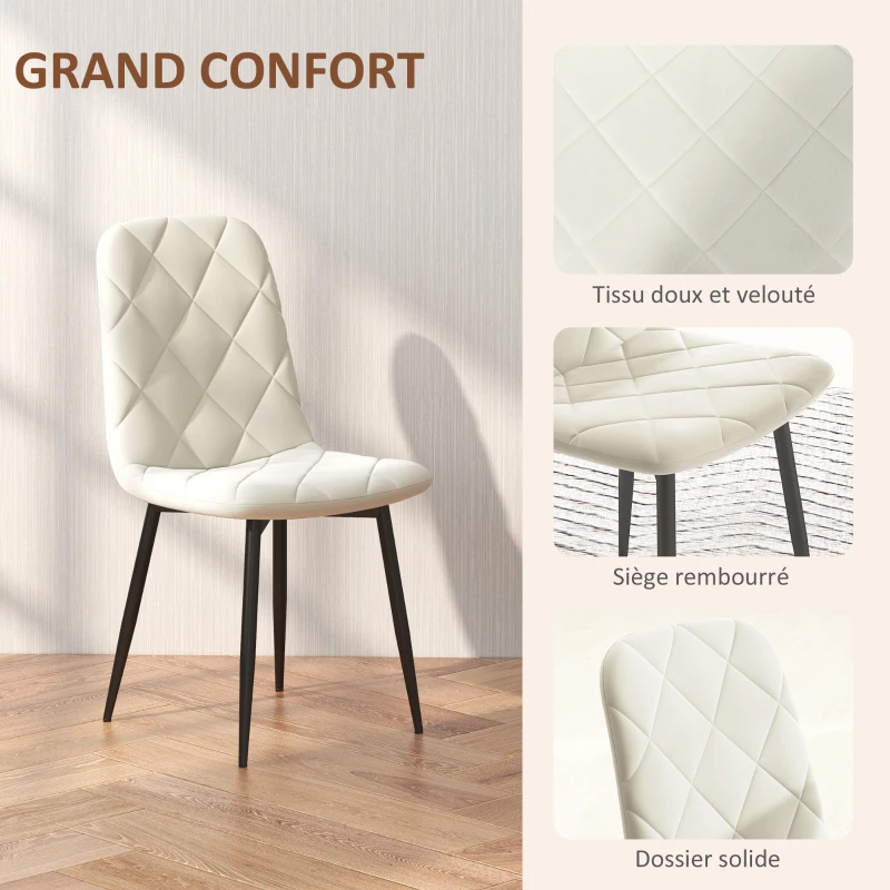 HOMCOM Lot de 4 chaises de salle à manger rembourrées avec dossier haut, pieds en acier et tissu effet velours, crème