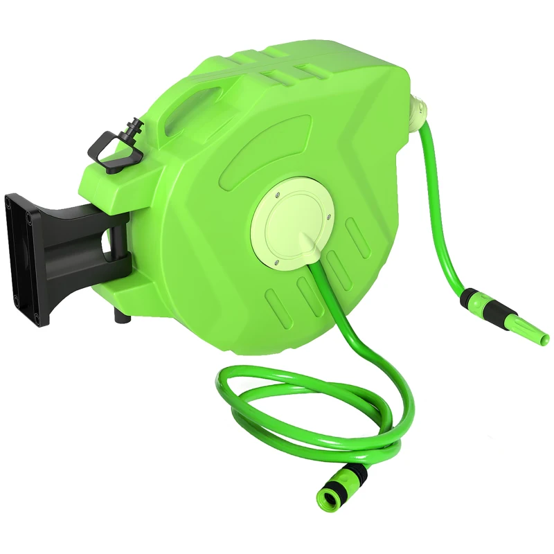 Outsunny Avvolgitubo da Giardino Retrattile con Tubo dell'Acqua 15 m, Rullo Avvolgitubo da Parete Girevole a 180°, Avvolgitubo Automatico Tubo da Giardino per Irrigazione in plastica, Verde