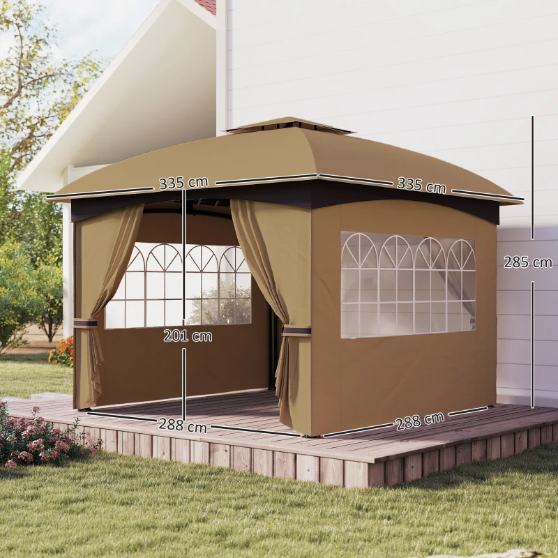 Outsunny 3,4 x 3,4 m Gartenpavillon, Bierzelt mit Lüftungsdach, Bogenfenstern, Stahlgestell, Beige