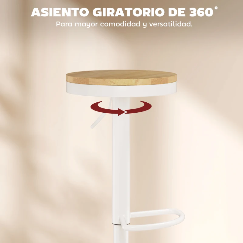 HOMCOM Juego de 2 Taburetes Altos de Cocina con Altura Ajustable Asiento de Madera Marco de Acero y Reposapiés Natural y Blanco