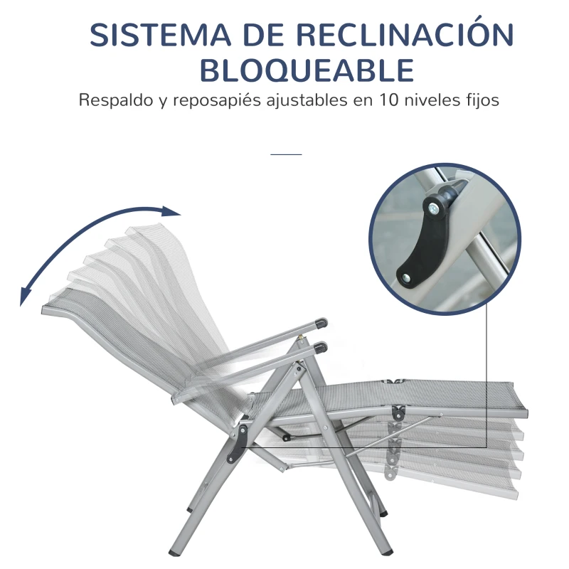 Outsunny Tumbona de Jardín Plegable Sillón Silla de Playa Ajustable en 10 Posiciones con Respaldo Alto y Reposapiés Transpirable Carga Máx. 120 kg 78x58x110 cm Gris