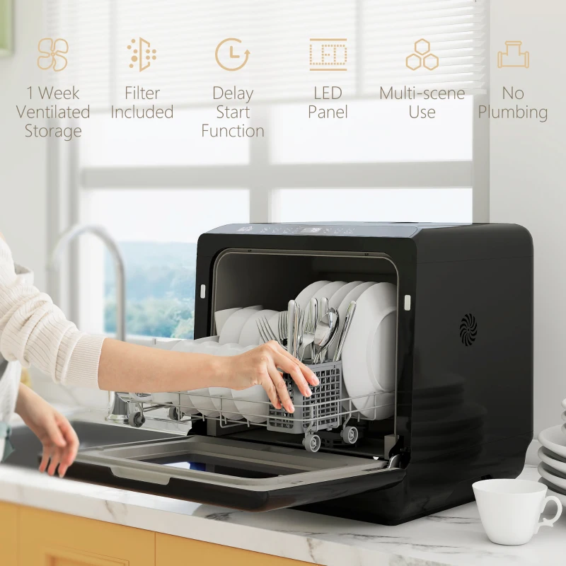 HOMCOM Table Top Dishwasher, Mini Countertop Dishwasher with Built-in 6L Water Tank, 6 Programs, Touch Control, LED Display, 4 Place Settings, Dual Water Supply and Air Drying Function, White(m-8)