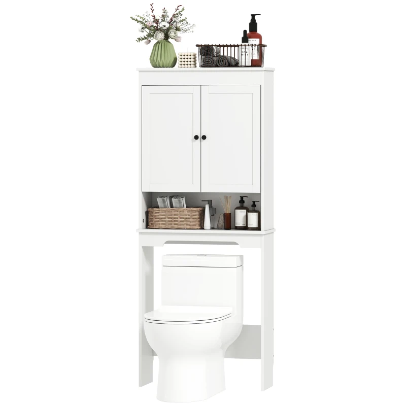 HOMCOM Mobile sopra WC con 3 Mensole Chiuse e Ripiano Aperto, in Legno, 65x22x161 cm, Bianco