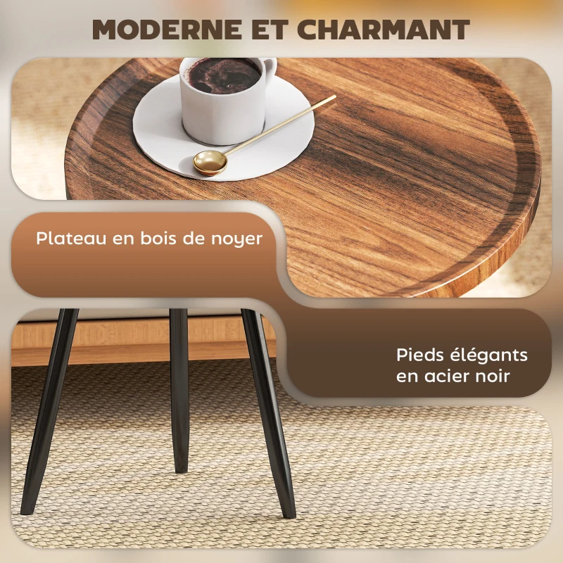 HOMCOM Table basse salon ronde, table d'appoint moderne avec cadre en acier, pour salon, chambre, Ø 40 x 39 cm, bois de noyer