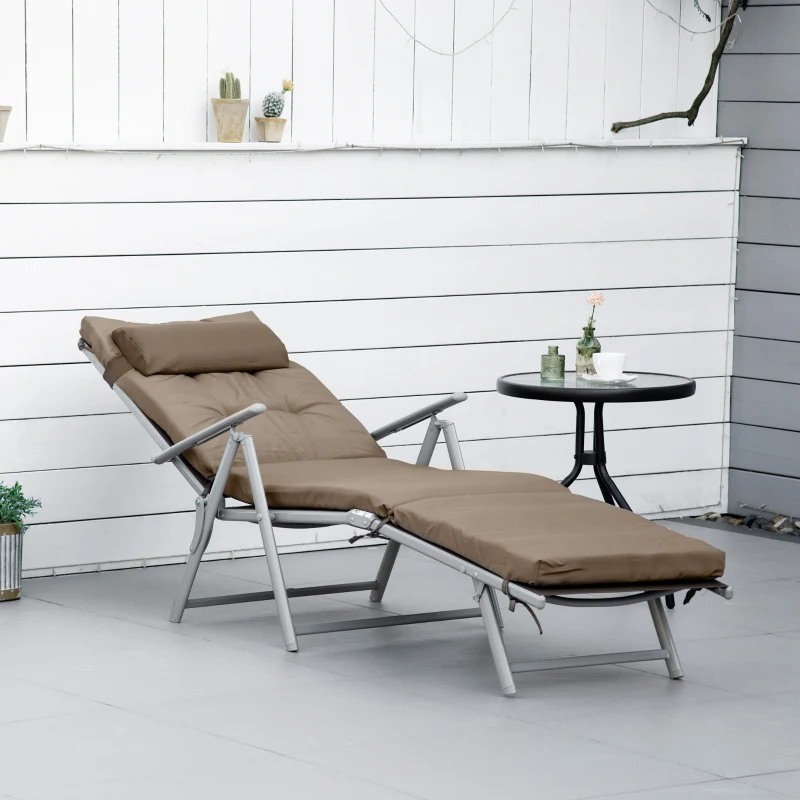 Outsunny Inklapbaar Ligbed Tuin Metalen Frame, Comfortabele Ligstoel Met Kussens, bruin