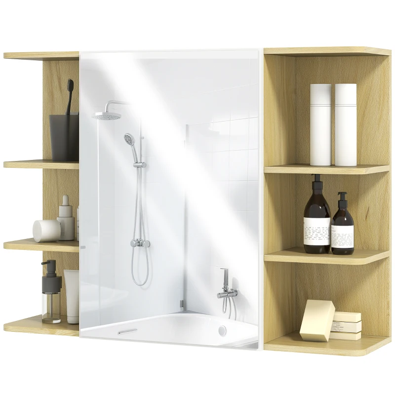 HOMCOM Bathroom Mirror Cabinet with Open Storage Shelves - Natural Wood Finish