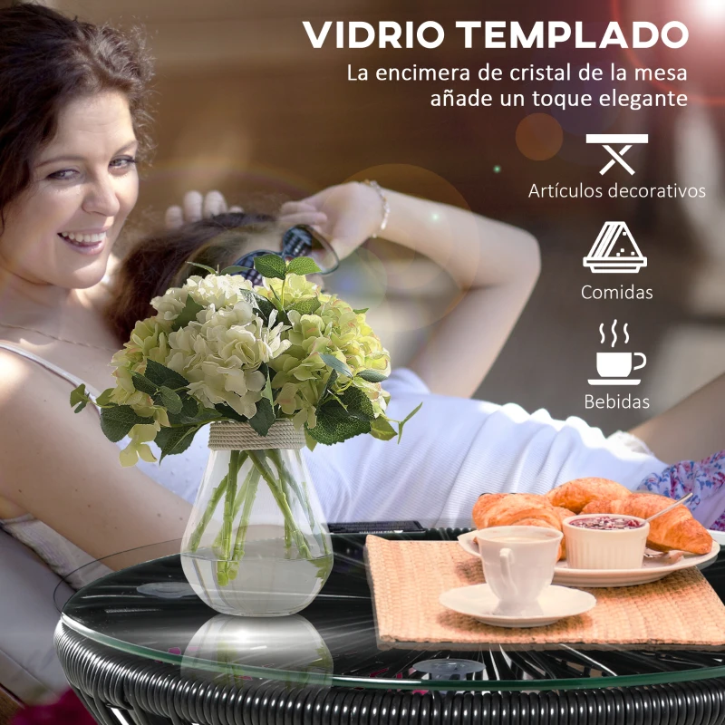 Outsunny Mesa de Jardín de Ratán Sintético Redonda con Encimera de Cristal y Marco de Metal Carga 30 kg Ø40x42 cm Negro