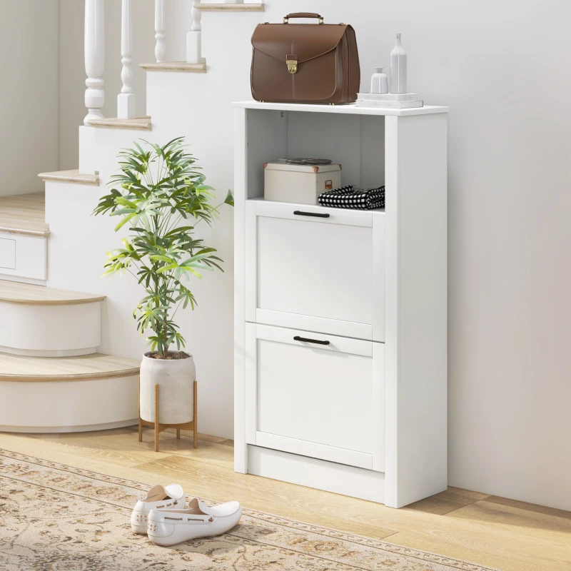 HOMCOM Scarpiera Stretta con 2 Porte Ripiani Regolabili e Compartimento Aperto per 10 Paia di Scarpe 58x24x105 cm Bianco