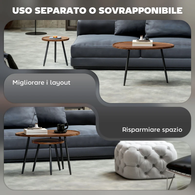 HOMCOM Set 2 Tavolini da Salotto Sovrapponibili in Legno e Metallo, Colore Legno Scuro