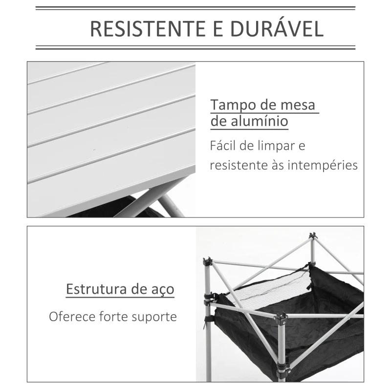 Outsunny Mesa Dobrável de Campismo Mesa de Piquenique com Armazenamento e Bolsa de Transporte 70x70x69 cm Prata e Preto