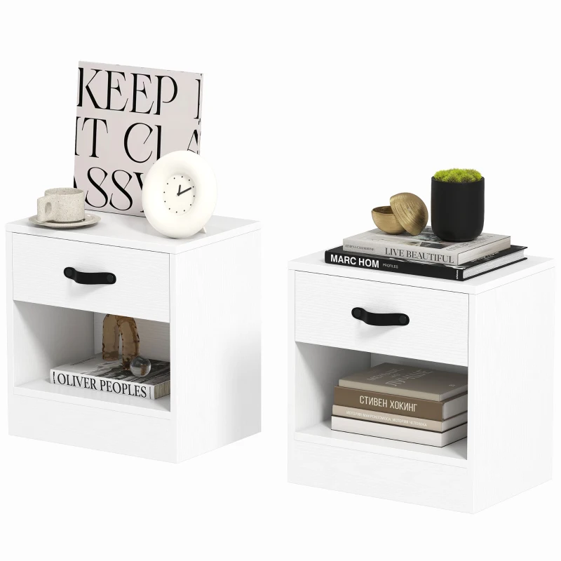 HOMCOM Pack de 2 Mesitas de Noche con Cajón y Compartimento Abierto para Salón 39x28x41 cm Blanco