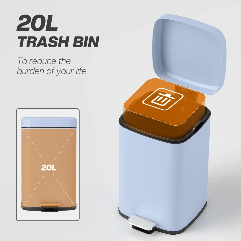 HOMCOM 20L Modern Boxy Metal Home Kitchen Bin - Light Blue