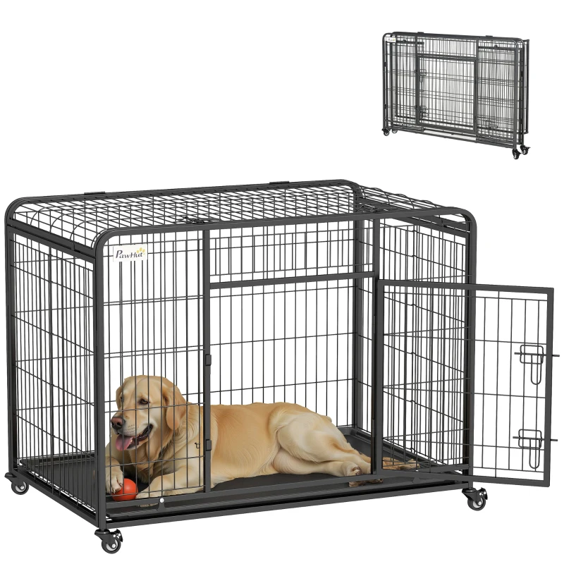 PawHut Jaula para Perros Plegable de Metal Jaula para Perros Grandes 109,5x71x78 cm con Ruedas y Frenos Bandeja Extraíble y Puerta con Pestillos para Golden Retriver Labrador Gris Oscuro
