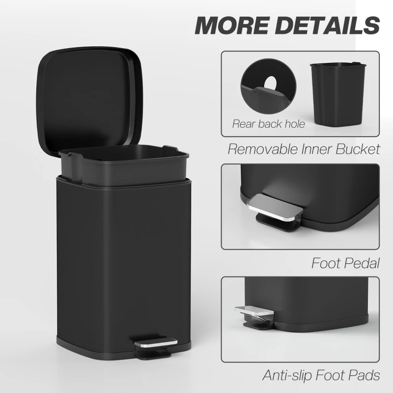HOMCOM 20L Modern Boxy Metal Home Kitchen Bin - Black