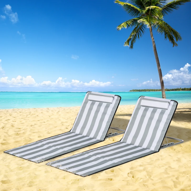 Outsunny Conjunto de 2 Esteiras de Praia com Encosto Reclinável em 5 Níveis Bolsa de Transporte e Apoio de Cabeça 48x134x33-43 cm Branco e Cinzento