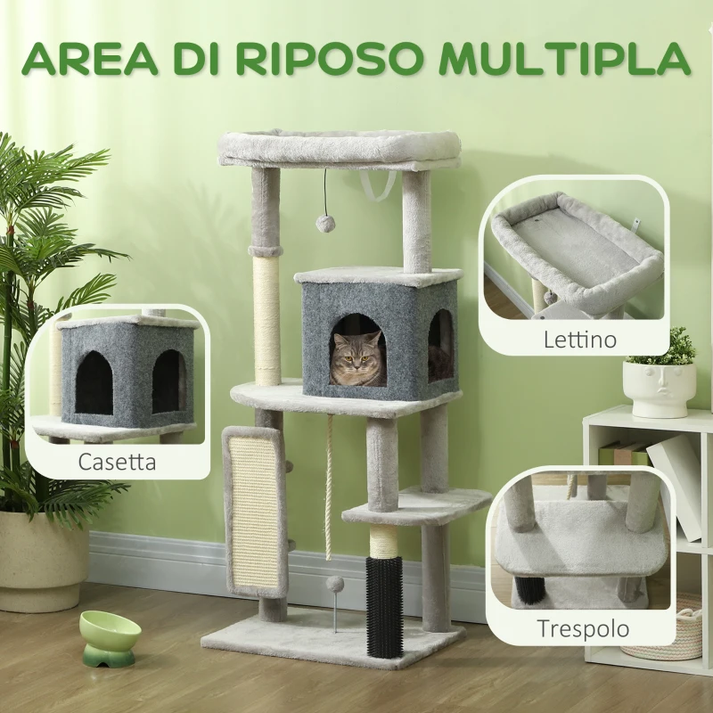 PawHut Albero per Gatti Multilivello Alto 132 cm con Casetta, Lettino, Pali Tiragraffi, Spazzola e Pallina, Grigio